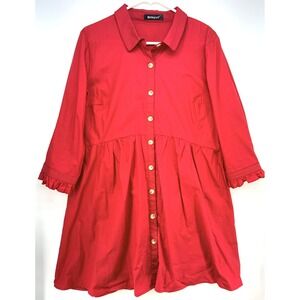 Allegra K Red Babydoll Shirt Dress Ruffle Cuffs Button Front Sz L Cottagecore